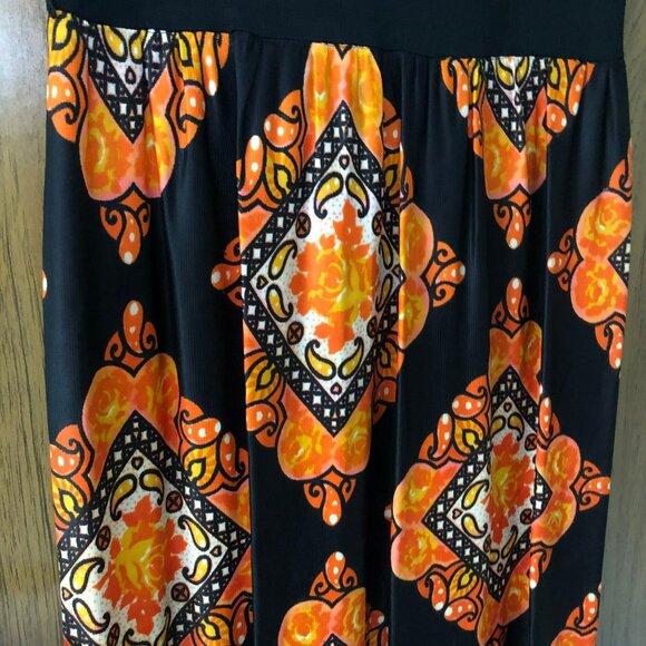 Hippie OOAK 70s Maxi Dress Paisley Orange Black Sz 10 Dress Empire Waist - Picture 3 of 8